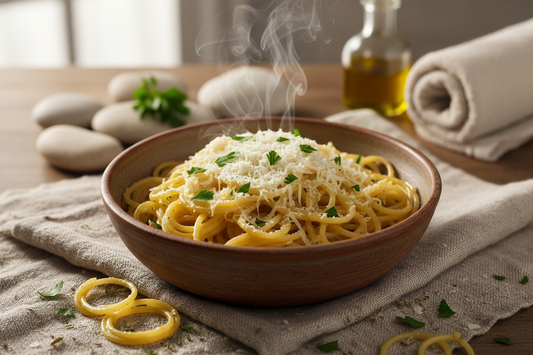 A rustic bowl of spaghetti in glossy garlic butter sauce, topped with freshly grated Parmesan and parsley, on a warm linen surface.