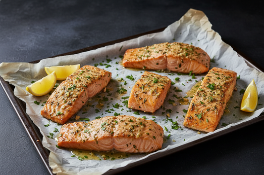 Four garlic butter roasted salmon fillets on a parchment-lined baking sheet, glistening with herb butter and garnished with fresh parsley and lemon wedges.