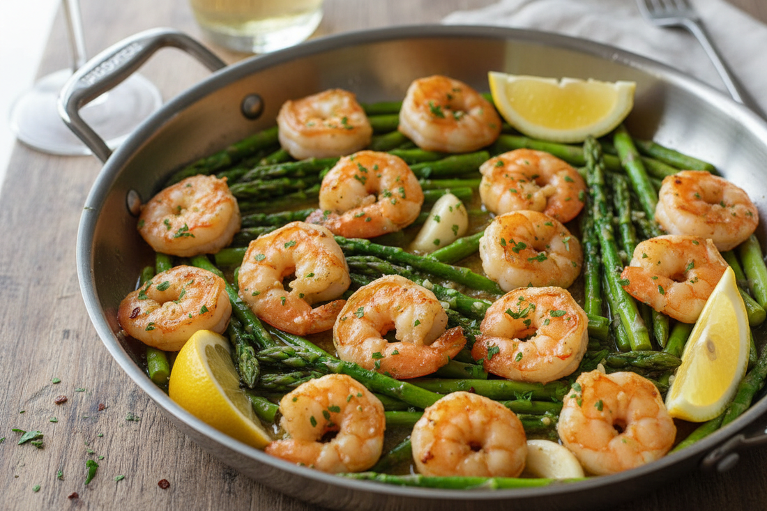 Succulent garlic butter shrimp with bright green asparagus in stainless steel skillet garnished with lemon wedges and fresh parsley
