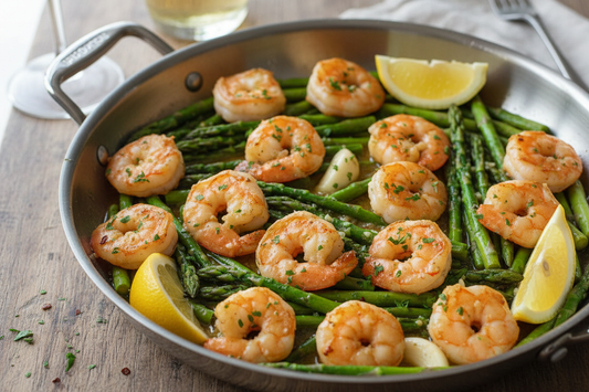 Succulent garlic butter shrimp with bright green asparagus in stainless steel skillet garnished with lemon wedges and fresh parsley