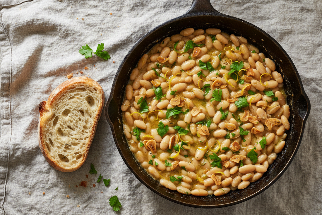 Garlic butter white bean skillet in a cast iron pan with golden garlic, fresh parsley, and a wedge of crusty sourdough on a linen surface