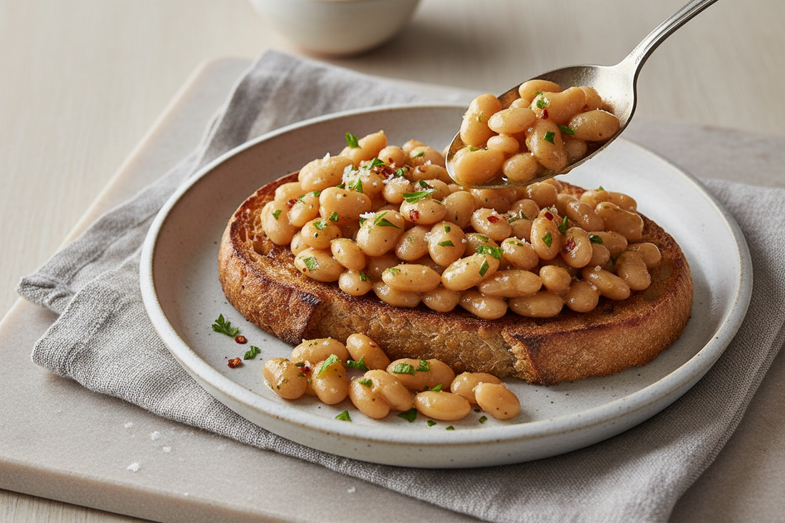 Creamy garlic butter white beans spooned over thick toasted sourdough, garnished with fresh parsley, chilli flakes, and flaky sea salt on a ceramic plate.