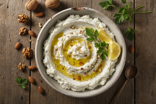 Traditional Greek skordalia garlic-nut spread in a rustic ceramic bowl, drizzled with olive oil and garnished with fresh parsley and lemon wedges