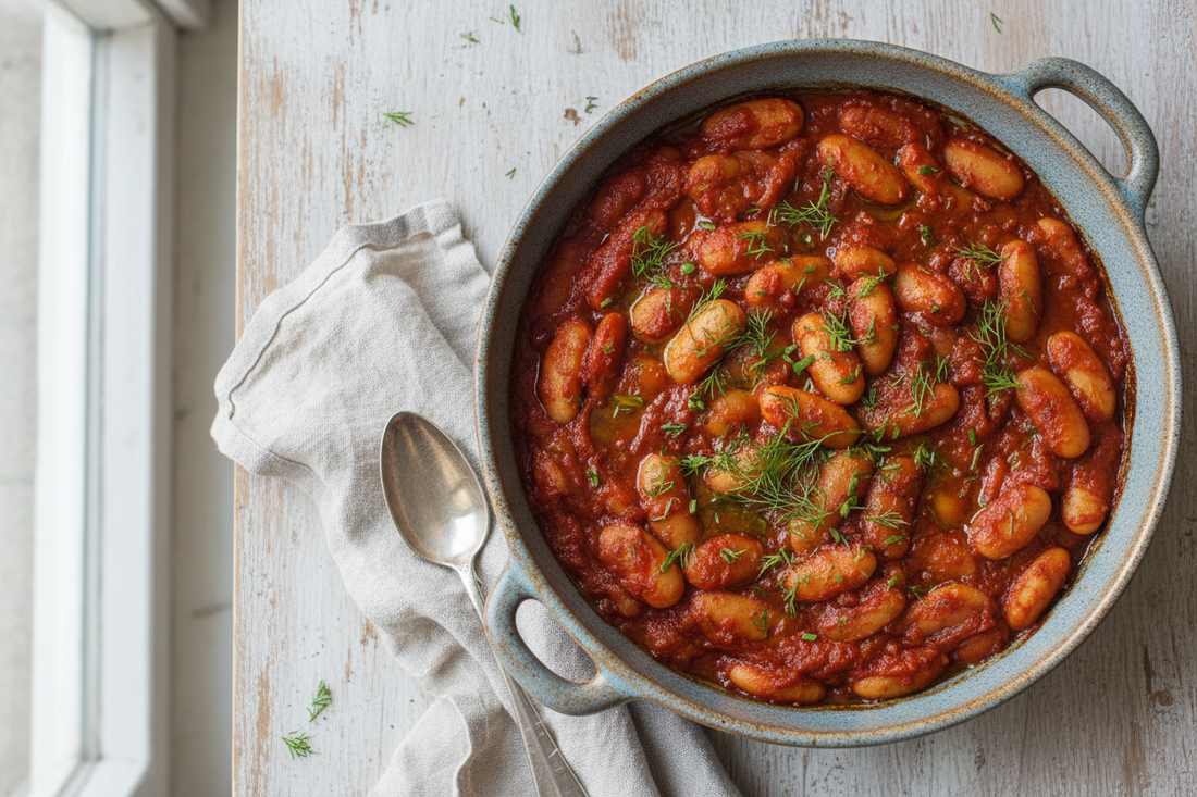 Rustic baking dish of creamy giant gigante beans in rich tomato sauce garnished with fresh dill