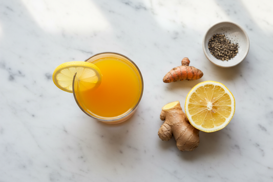 A small glass of golden ginger and turmeric morning tonic with fresh turmeric root, ginger, lemon, and black pepper — the Spice Apothecary's most concentrated daily dose of the bioavailability stack.