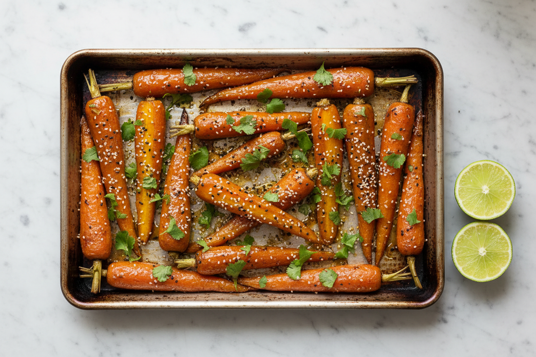 A baking tray of ginger-glazed roasted carrots, halved lengthwise and deeply caramelised with a sticky amber glaze, scattered with fresh coriander, toasted sesame seeds, and a squeeze of lime — double ginger, high heat, and a finish of acid.