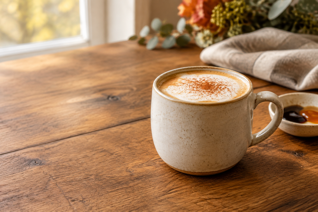 Gingerbread latte with cinnamon-dusted foam in a ceramic mug on a wooden table.
