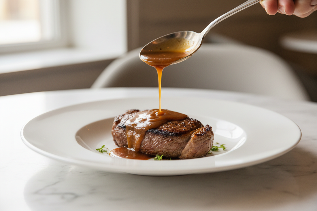 Glossy pan sauce being poured over perfectly seared steak on white plate, professional food photography with natural lighting