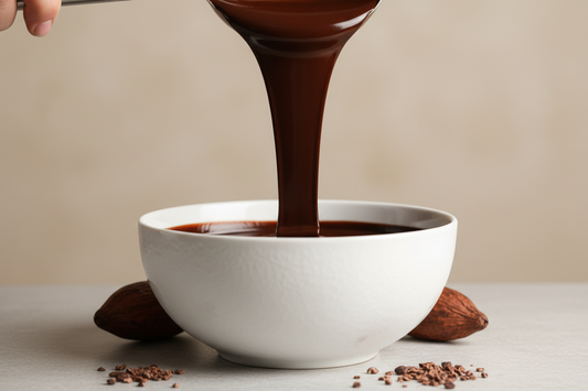 Glossy tempered dark chocolate being poured, showing the characteristic shine and smooth texture of properly tempered chocolate