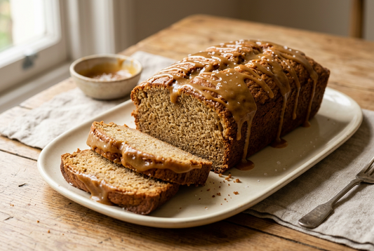 Banana bread topped with salted caramel glaze and flaky sea salt, with two slices on a cream platter.