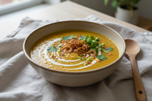 A ceramic bowl of golden lentil and coconut soup topped with crispy shallots, a swirl of coconut milk, and fresh herbs, styled on a linen cloth with soft natural light.
