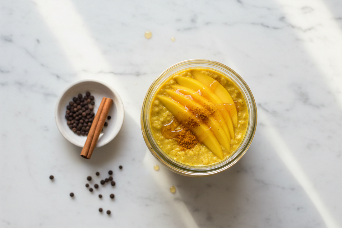 A glass jar of golden milk overnight oats topped with fresh mango, a dusting of turmeric, and a drizzle of honey — the Spice Apothecary's bioavailability stack in its simplest breakfast form.