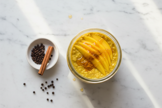 A glass jar of golden milk overnight oats topped with fresh mango, a dusting of turmeric, and a drizzle of honey — the Spice Apothecary's bioavailability stack in its simplest breakfast form.