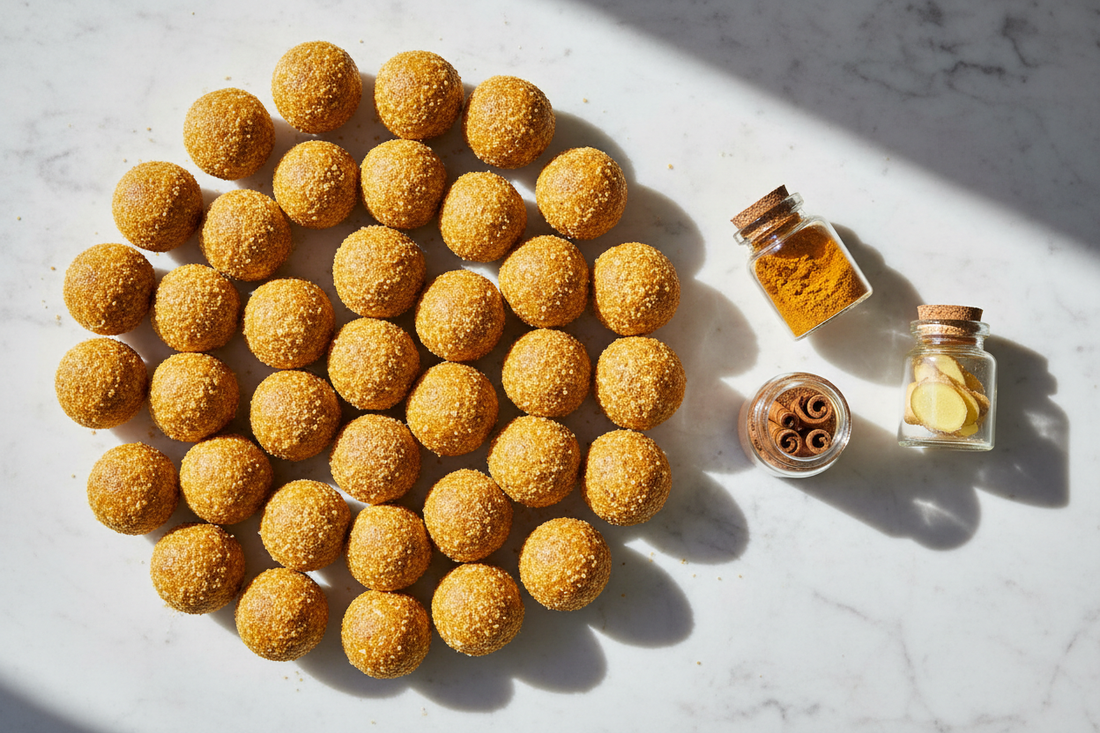 Overhead view of golden spice bliss balls coated in turmeric coconut sugar arranged on white marble, with small jars of turmeric, cinnamon, and ginger alongside.