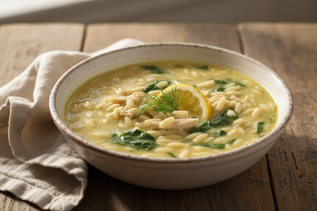Creamy Greek lemon orzo soup with shredded chicken and spinach in white bowl garnished with fresh dill