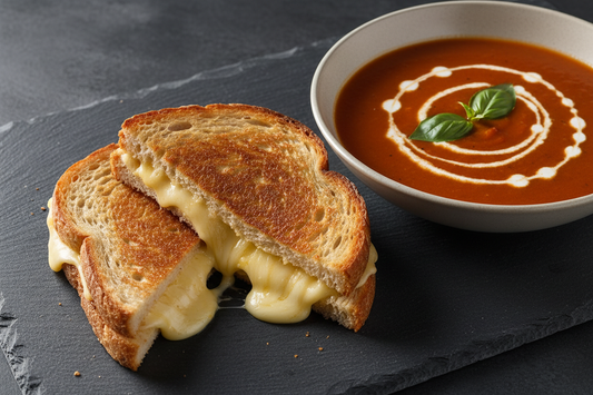 A grilled cheese sandwich cut diagonally with melted cheese visible at the edge, alongside a bowl of roasted tomato soup with a cream swirl and fresh basil, on a dark slate surface