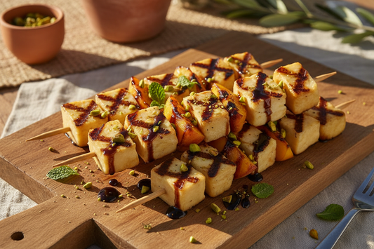 Grilled peach and halloumi skewers on a platter with balsamic glaze, fresh mint, and crushed pistachios