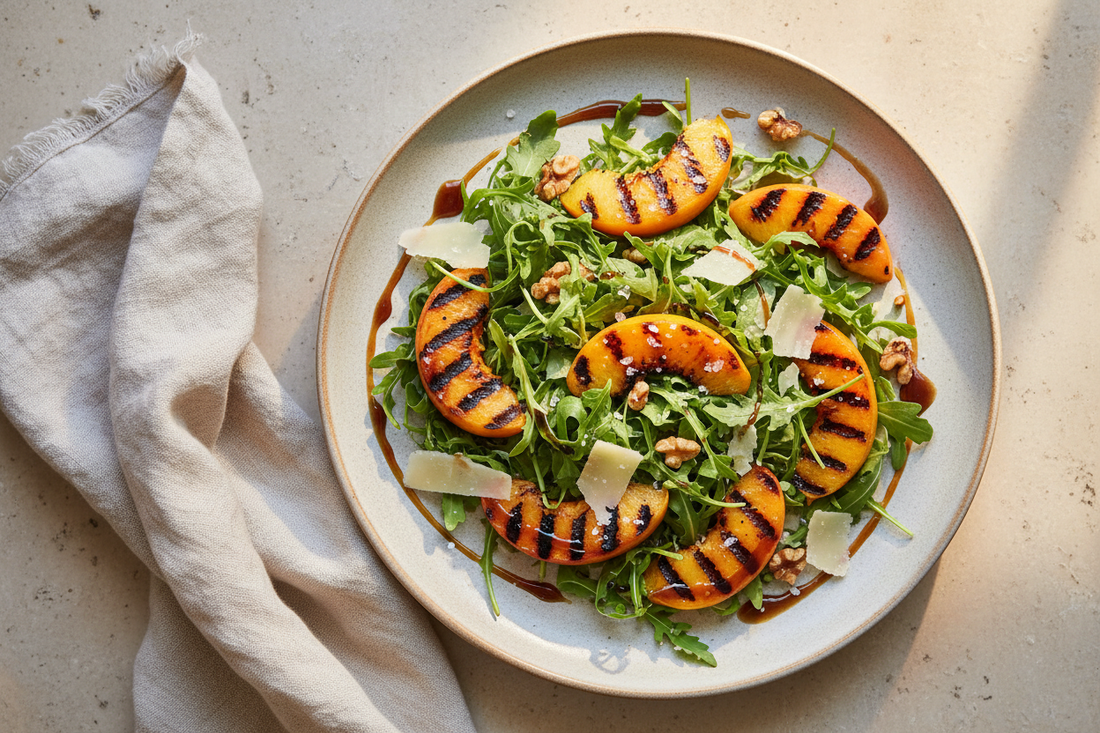 Overhead shot of a grilled peach and arugula salad on a ceramic plate with toasted walnuts, shaved Parmesan, fresh basil, and a honey-balsamic glaze drizzle.