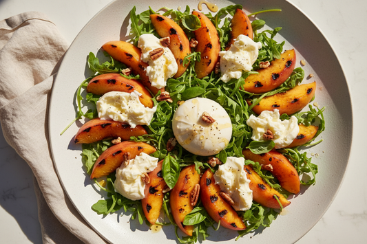 Overhead view of a grilled peach and burrata salad on a white ceramic platter with arugula, toasted pecans, fresh basil, and honey-basil vinaigrette
