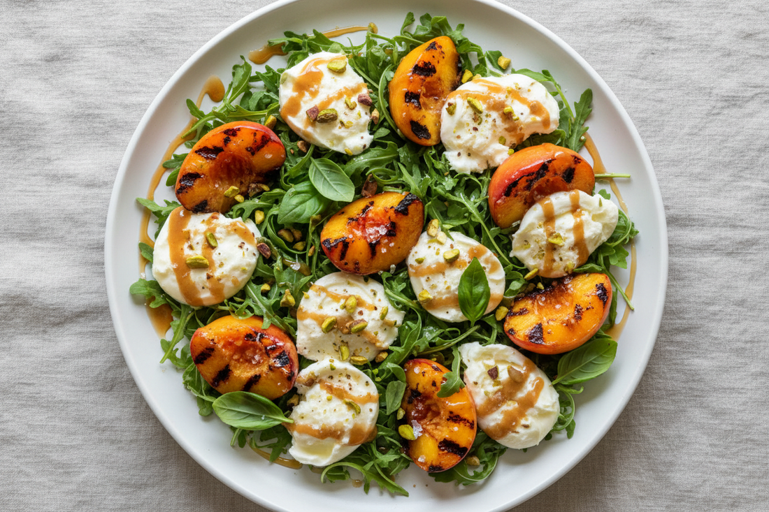 Overhead view of a grilled peach and burrata salad on a white ceramic platter, with caramelized peach halves, torn burrata, baby arugula, fresh basil, toasted pistachios, and a honey balsamic drizzle on a linen surface.