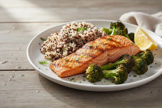 Grilled salmon fillet with roasted broccoli and quinoa on a white plate