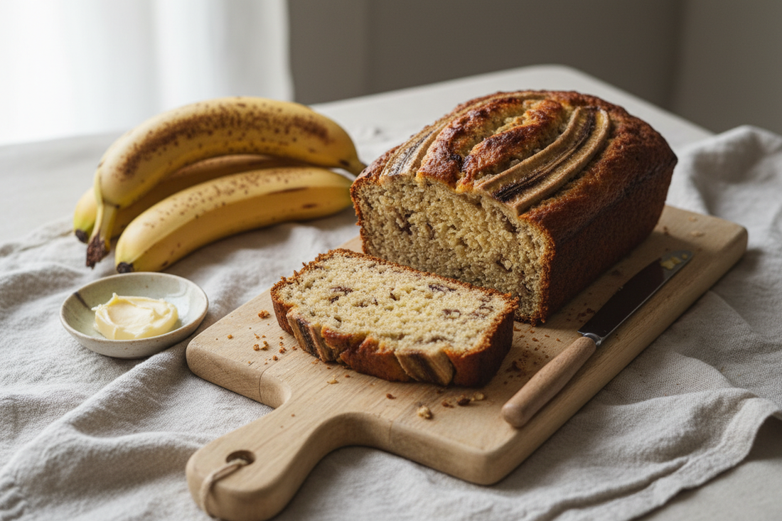 A sliced loaf of golden banana bread on a wooden cutting board, styled with ripe bananas and a linen cloth in soft natural light.
