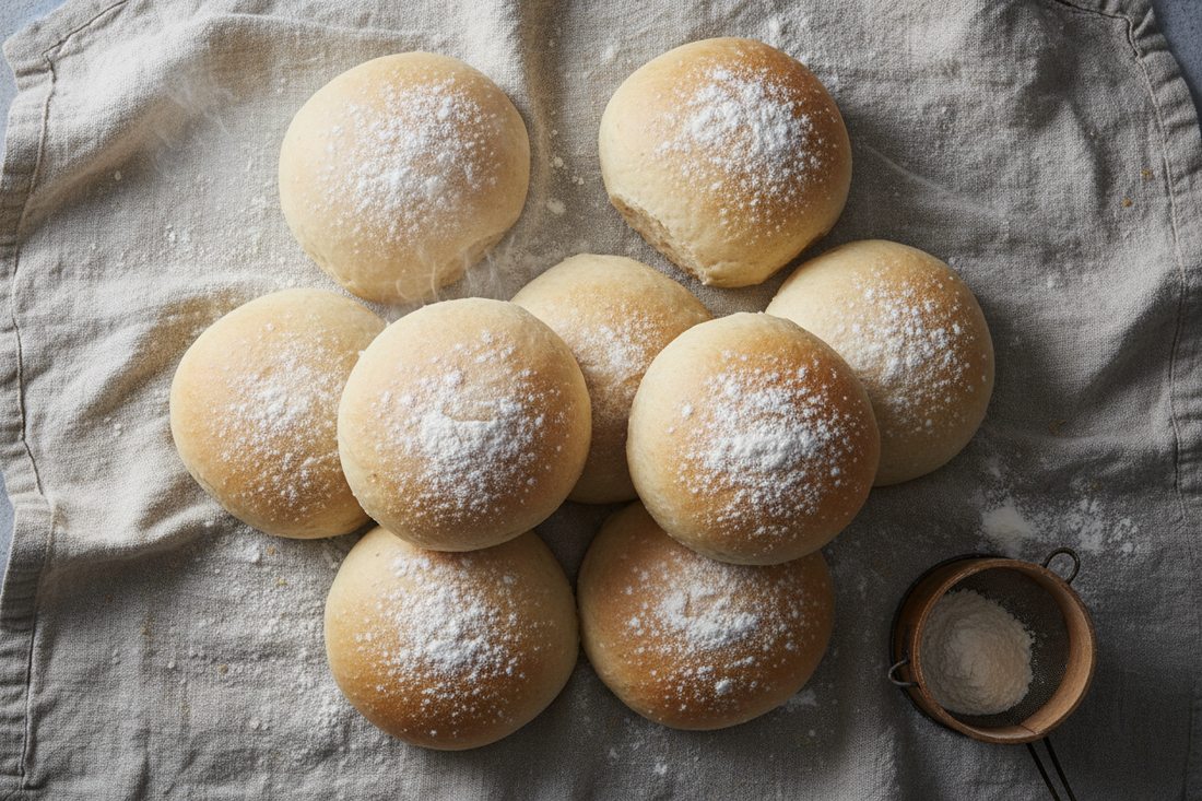 A top-down editorial shot of freshly baked, flour-dusted baps on linen in natural light. 