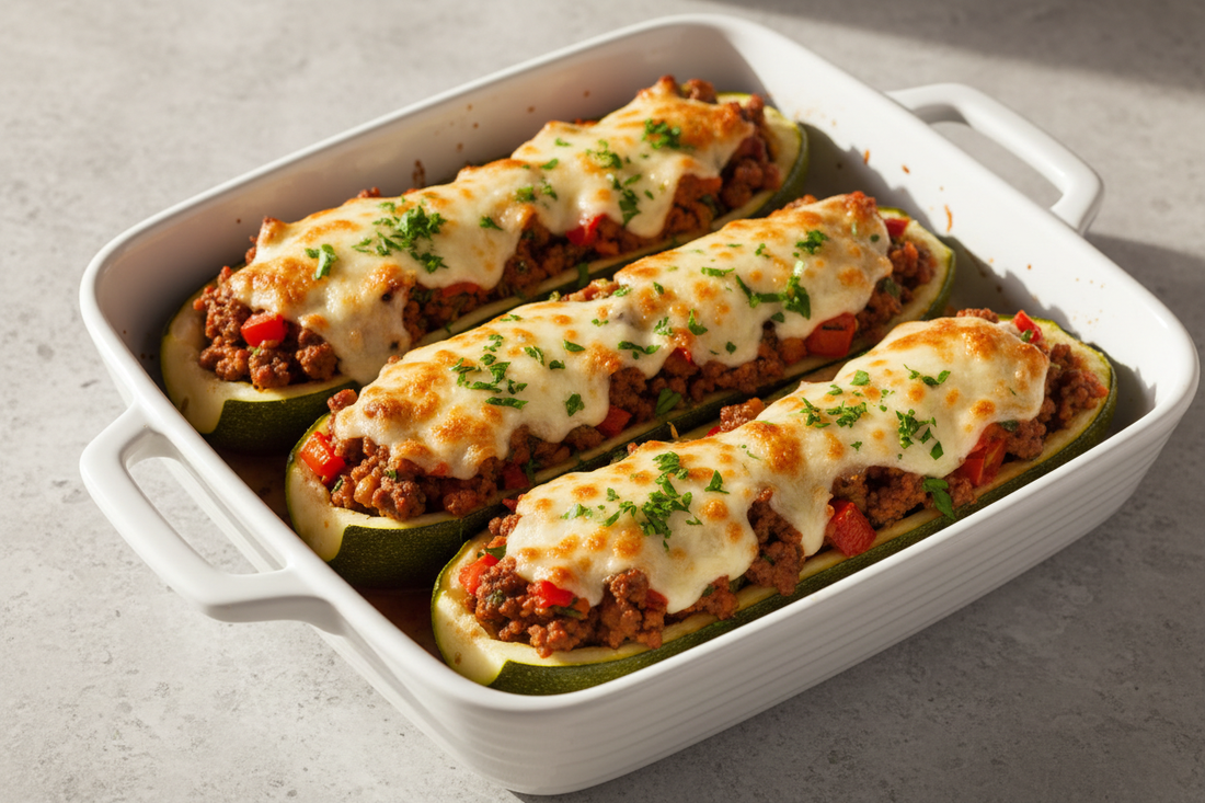 Classic stuffed zucchini boats filled with seasoned ground beef, tomatoes, and bubbling golden mozzarella in a white baking dish, garnished with fresh parsley.