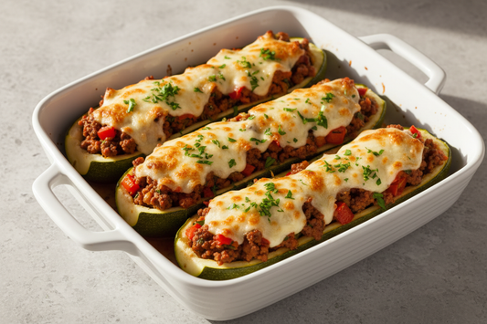 Classic stuffed zucchini boats filled with seasoned ground beef, tomatoes, and bubbling golden mozzarella in a white baking dish, garnished with fresh parsley.