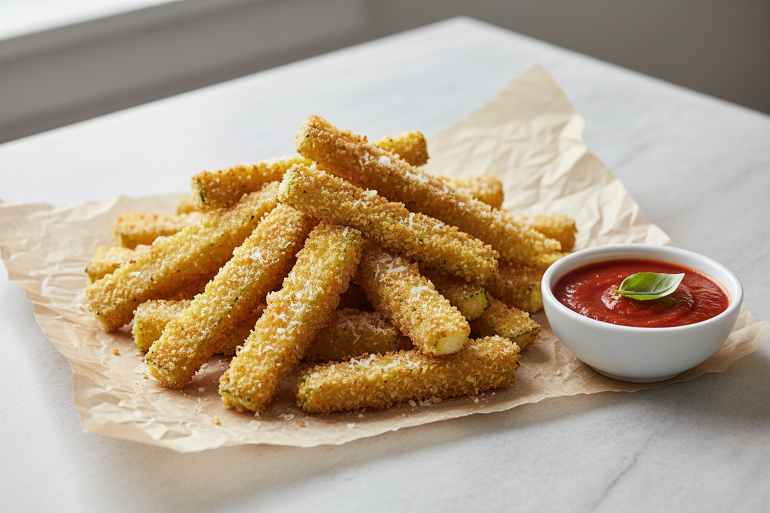 Crispy golden panko-breaded zucchini fries arranged on parchment paper with a small bowl of marinara dipping sauce on a light stone surface.