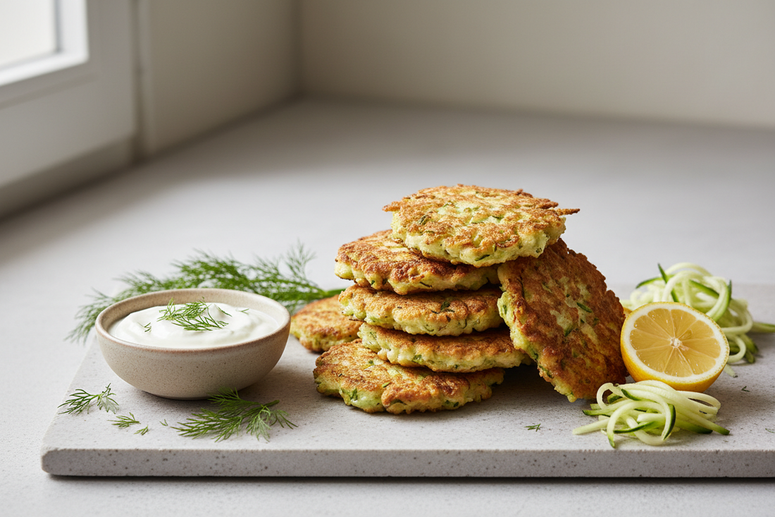 Golden crispy zucchini fritters stacked on a light stone surface with a small bowl of sour cream, fresh dill, and a lemon wedge alongside.