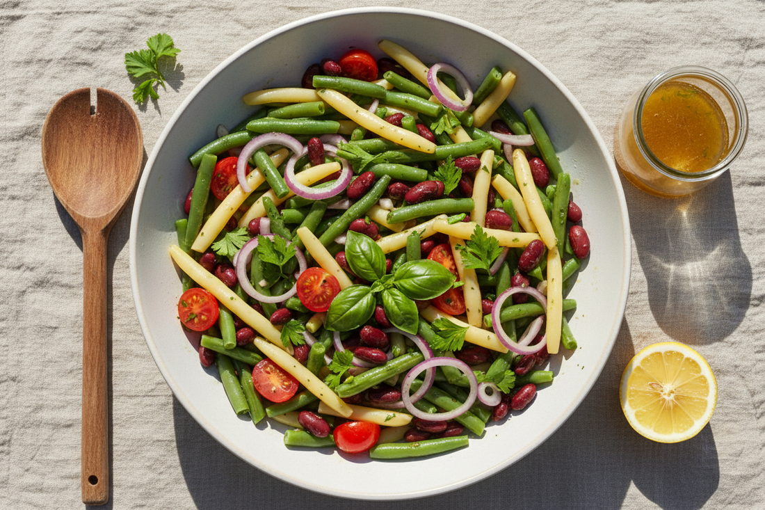 A white ceramic bowl of summer three-bean salad with short-cut green and yellow beans, red kidney beans, cherry tomatoes, red onion, and fresh herbs, dressed in vinaigrette and styled on linen with a wooden spoon and halved lemon.