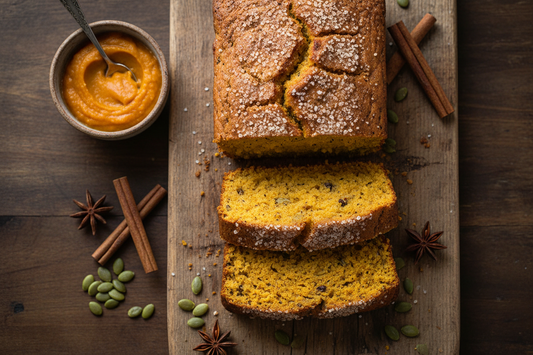 sliced pumpkin loaf on a rustic wooden board with warm autumn light, scattered pepitas, cinnamon sticks, and a small bowl of pumpkin puree.