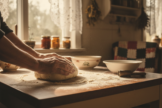 Hands kneading dough on a wooden kitchen counter with flour, evoking nostalgic memories of home cooking and family traditions