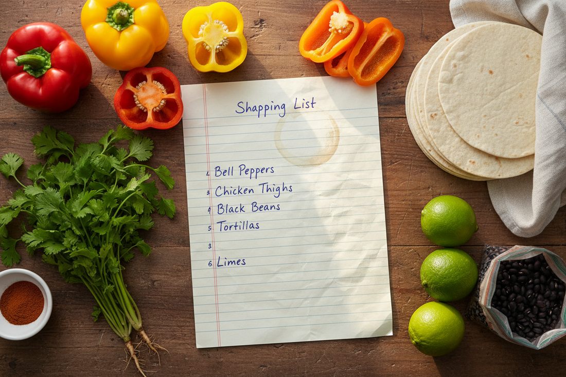Handwritten Tex-Mex shopping list on lined paper with fresh ingredients including bell peppers, cilantro, and limes on a rustic wooden table