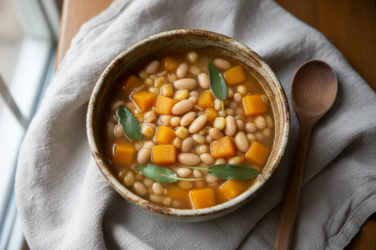 Overhead view of Haudenosaunee white bean and hominy soup in a rustic ceramic bowl, featuring white beans, golden hominy, and butternut