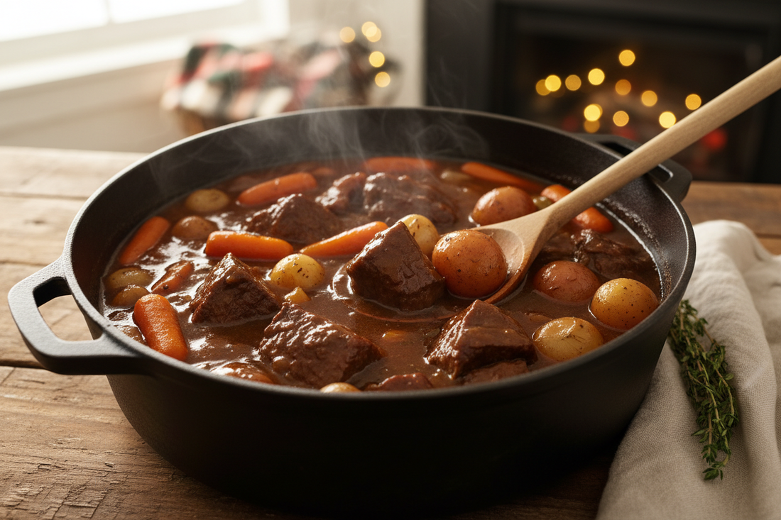 Hearty beef stew in Dutch oven with tender chunks of beef, carrots, potatoes, and rich brown gravy