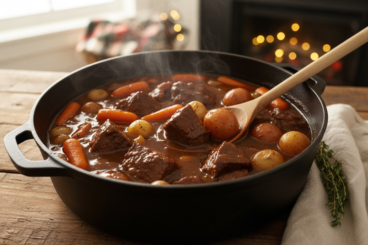 Hearty beef stew in Dutch oven with tender chunks of beef, carrots, potatoes, and rich brown gravy