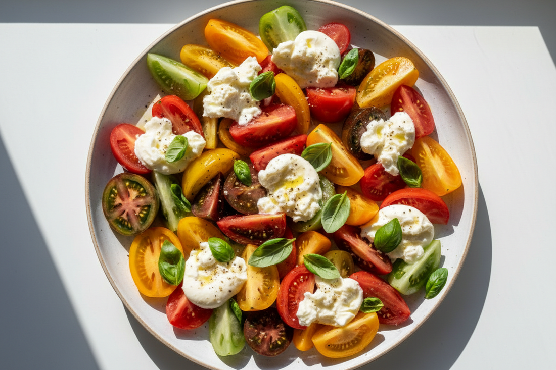 Colourful heirloom tomato salad with torn burrata cheese and fresh basil leaves on a white ceramic platter