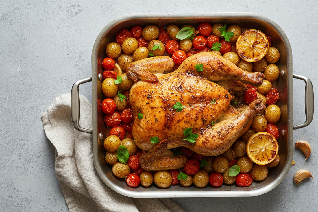Top-down view of a whole herb-roasted chicken with golden crispy skin in a roasting pan, surrounded by crispy baby potatoes, blistered cherry tomatoes, and fresh parsley, glistening with pan juices.