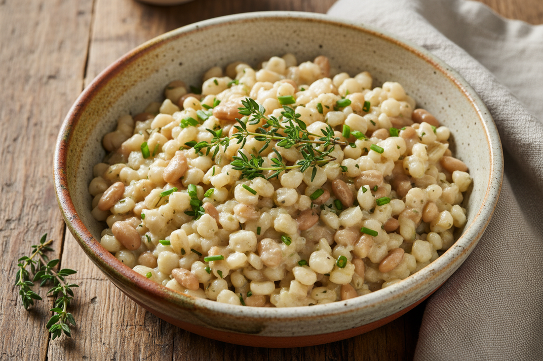 Creamy herbed hominy and tepary bean risotto in a rustic ceramic bowl with white hominy kernels, beige tepary beans,