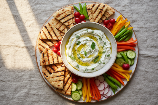 Overhead shot of a herbed tzatziki dip in a ceramic bowl drizzled with olive oil and fresh dill, surrounded by grilled flatbread wedges, cherry tomatoes, radishes, sugar snap peas, and cucumber on a linen surface.