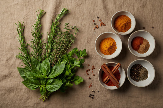 Flat lay of fresh herbs and spice bowls on a linen surface — rosemary, thyme, turmeric, cumin, smoked paprika, and cinnamon