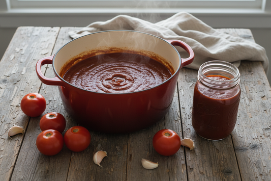 A Dutch oven of slow-simmering tomato BBQ sauce beside whole San Marzano tomatoes, garlic, and a plain glass mason jar of finished sauce,