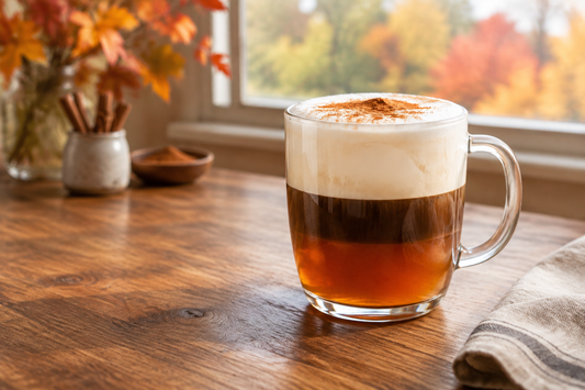 Layered spiced apple cider macchiato with cinnamon-dusted milk foam in a glass mug.