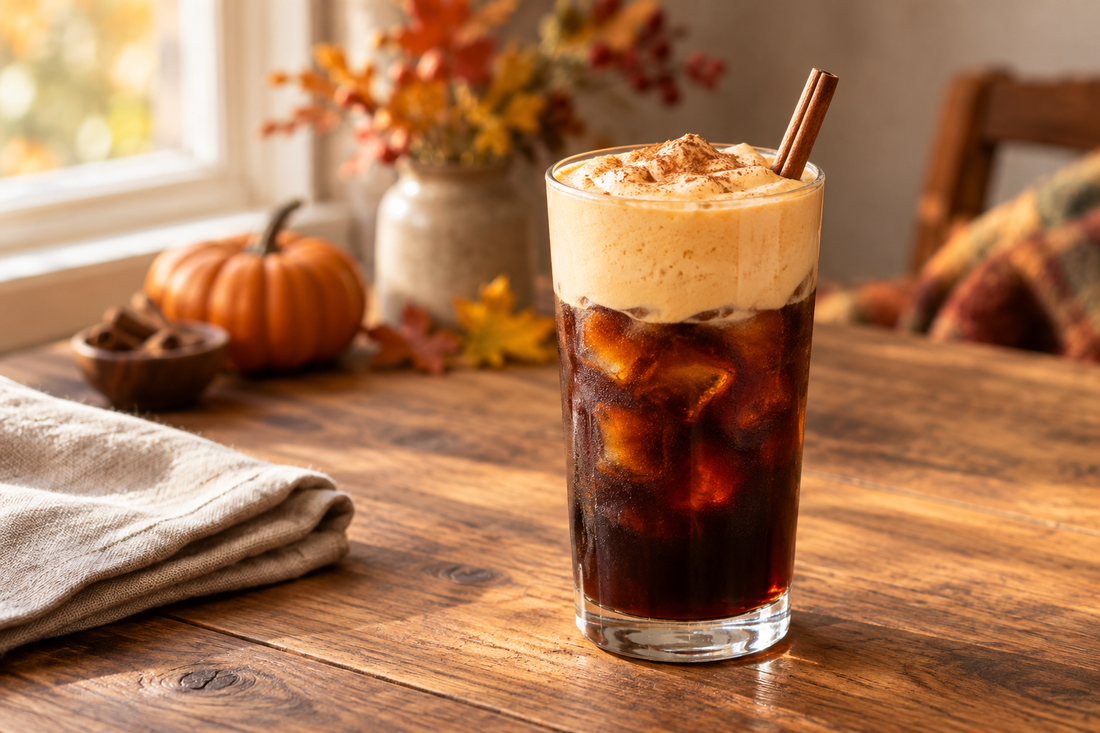 Iced cold brew topped with pumpkin maple foam, cinnamon and a cinnamon stick.