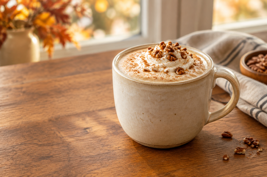 Pecan pie latte topped with whipped cream, toasted pecans and nutmeg in a ceramic mug.