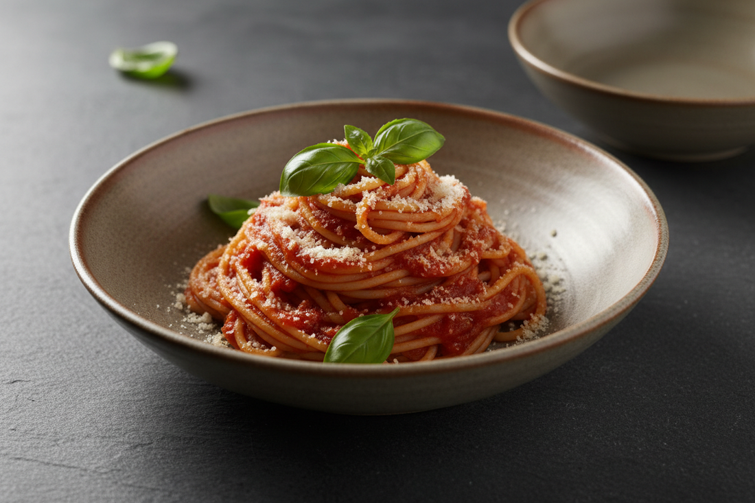 A wide shallow bowl of spaghetti with rich tomato sauce, loosely twirled and topped with freshly grated parmesan and basil leaves, on a dark slate surface shot at a 45-degree angle with soft natural side light