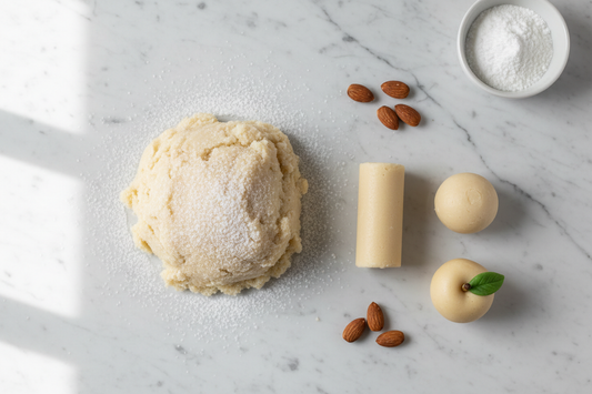 Top-down on white marble — marzipan mound dusted with icing sugar, shaped portions alongside, whole almonds and icing sugar bowl, soft natural light.