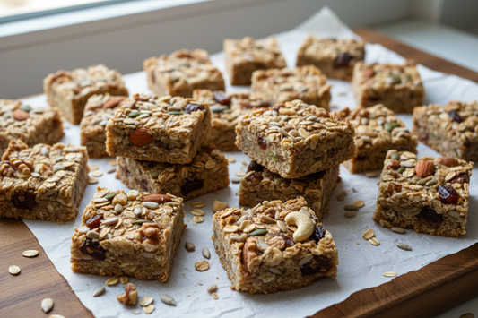 Homemade power bars made with oats, nuts, seeds and dates cut into squares on parchment paper